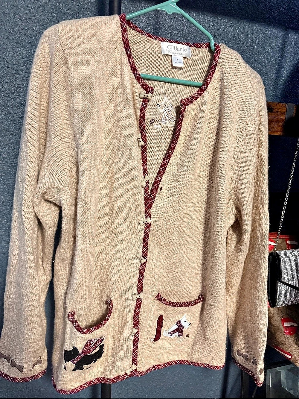 CJ Banks Plaid Trim Cardigan Beige & Red Size XL